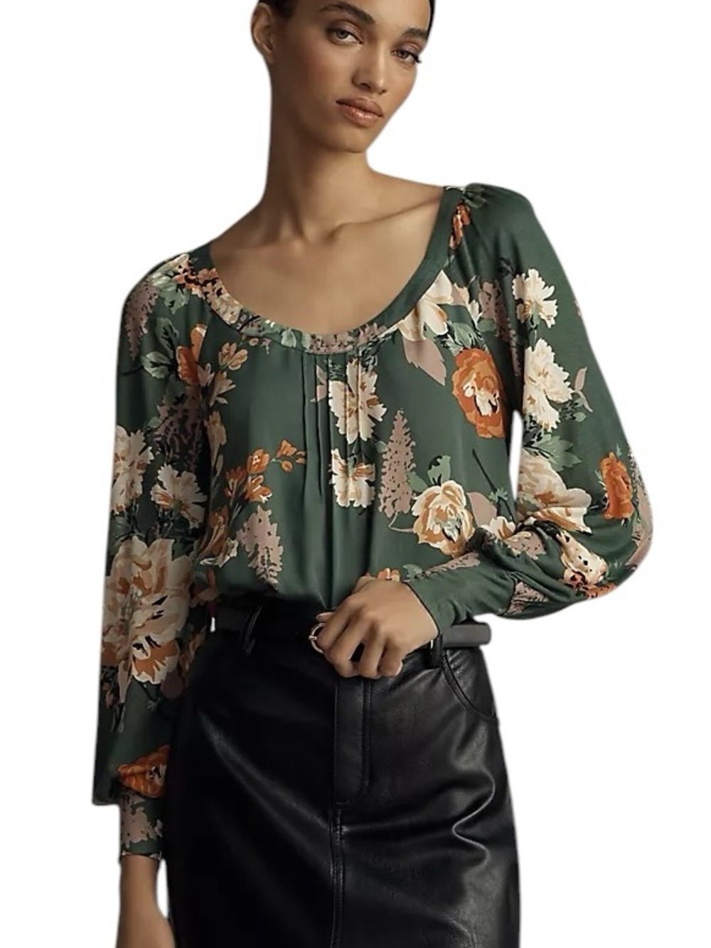 Anthropologie TINY Green Floral Print Long Sleeve Scoop Neck Raglan Top - S
